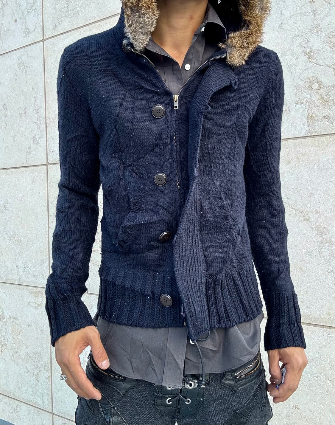 “Vintage” Navy Slim Fit Fur Hoodie Zip U 상품이미지6