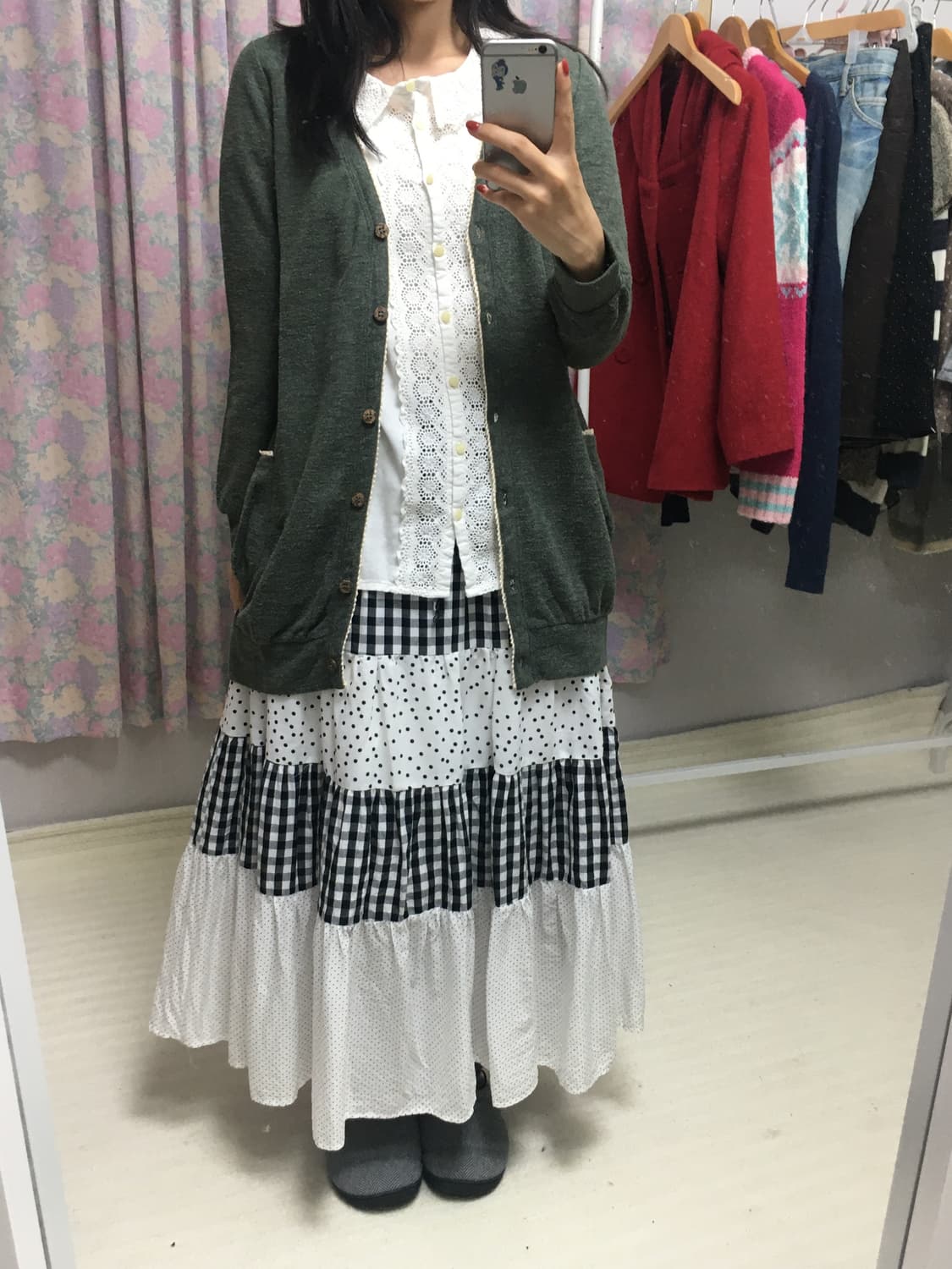 블랙 체크 도트 롱 스커트 상품이미지4