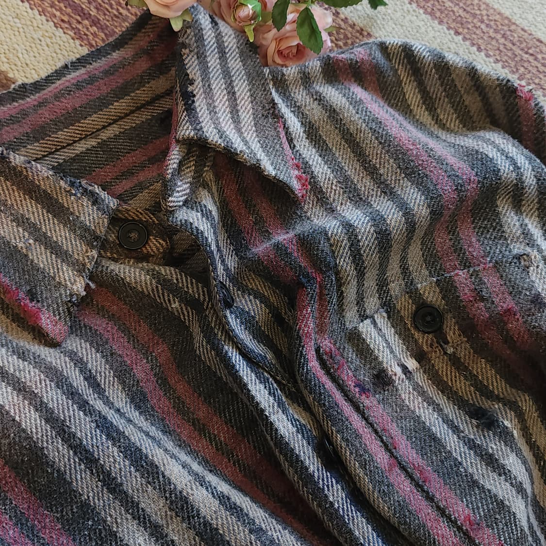 90s 빈티지 체크셔츠 헤비 플란넬 워크셔츠 썬페이딩 스트라이프 L 상품이미지10