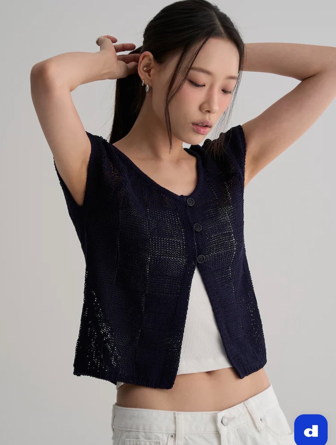 단추포인트 캡소매 카디건  네이비 상품이미지2