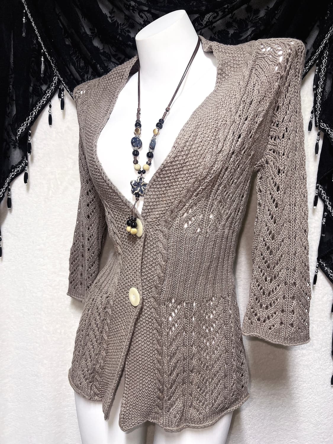 라떼갸루 모리걸 브라운 빈티지 니트 뜨개 가디건 7부 페어리 00s 핀터 상품이미지2