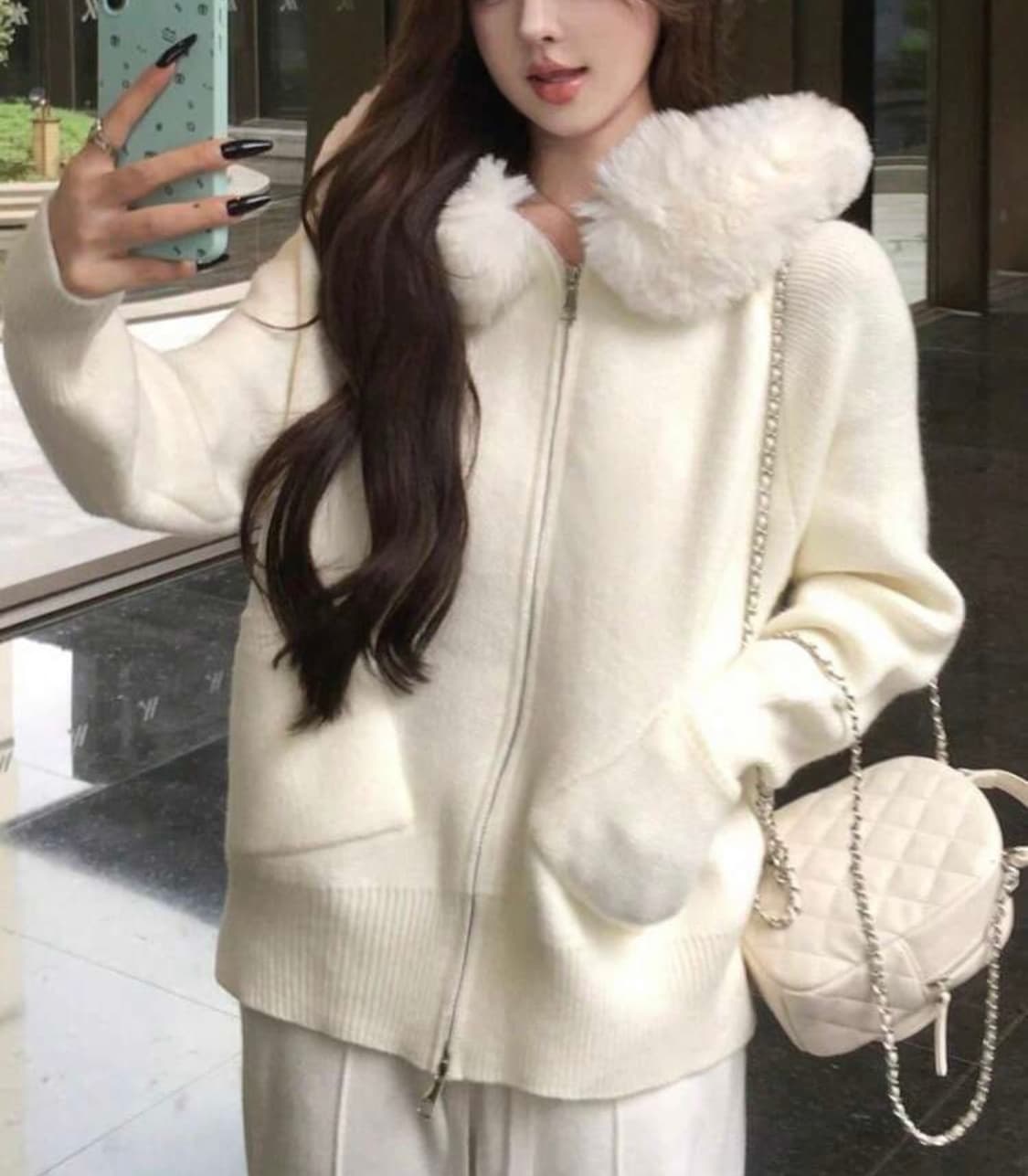 여성 화이트 엔젤 퍼후드 니트집업 상품이미지1