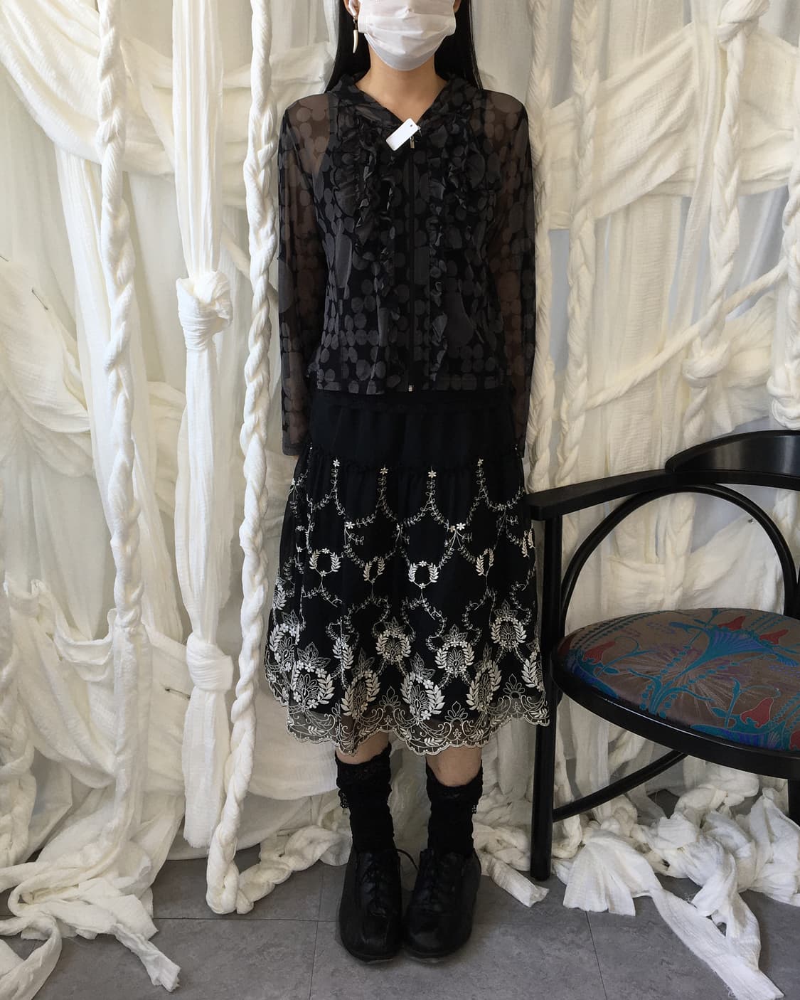 Dot pattern mixed frill hood mesh zip up 상품이미지6