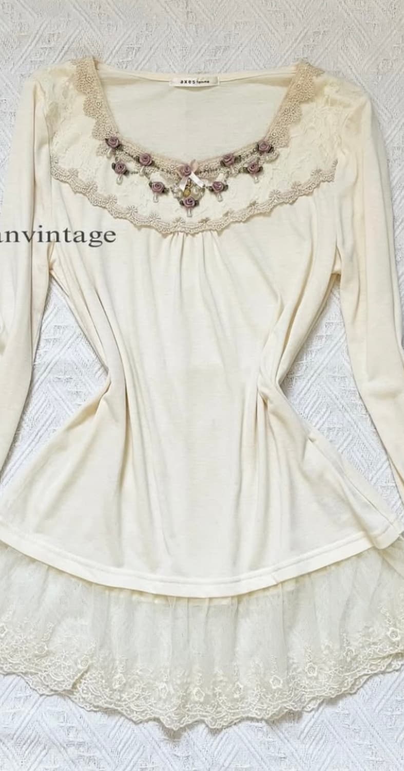 엑시즈팜 플라워 큐빅 리본 레이스 롱슬리브 긴팔 로걀탑 히메갸루 빈티지 상품이미지3