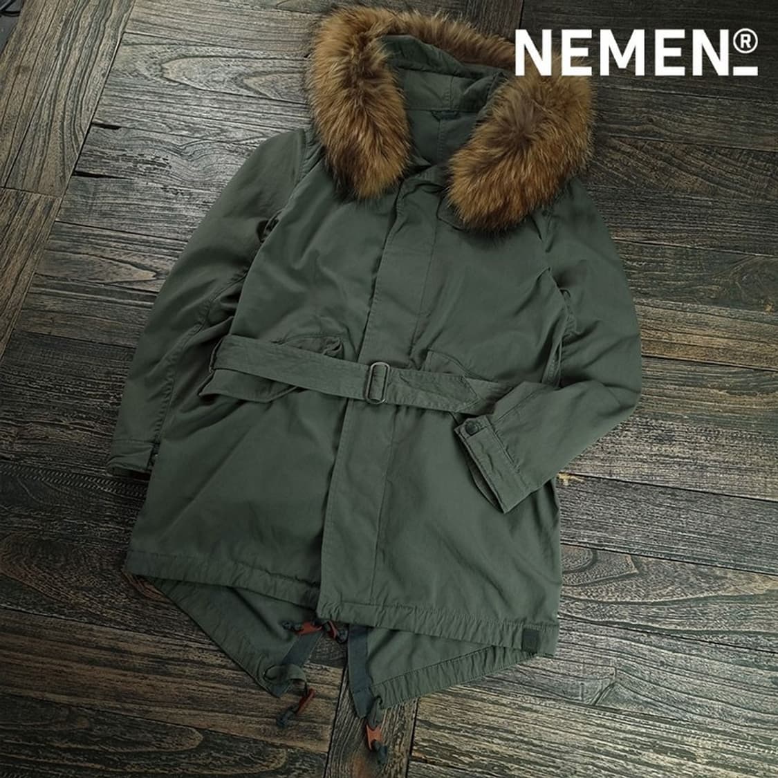 [네멘] 후드 퍼 벨티드 피쉐티일 파카 야상 카키 P01562 상품이미지1