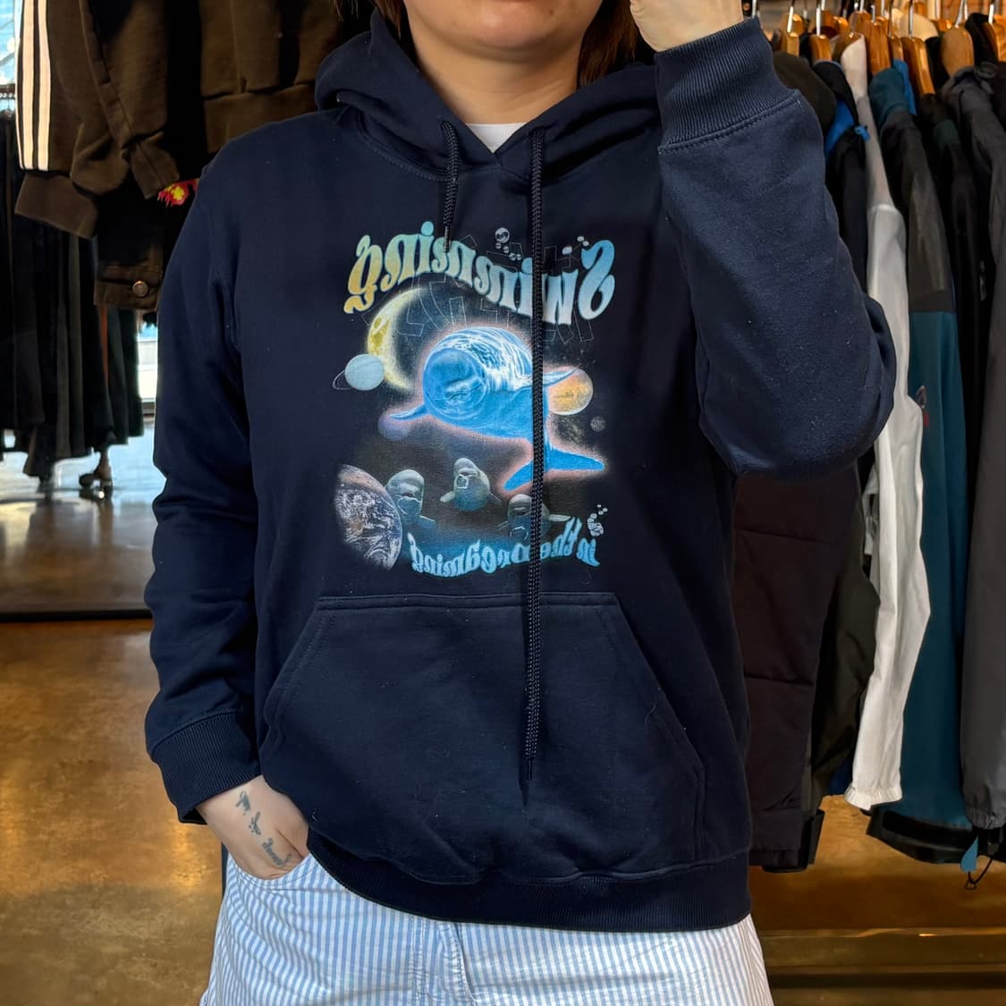 길단 네이비 프린팅 후드 상품이미지1