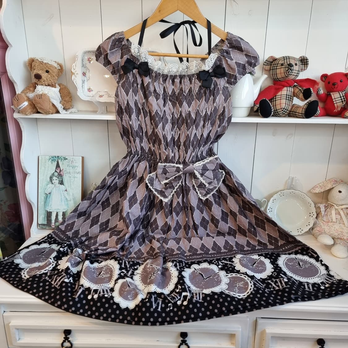 빈티지 다이아몬드 패턴 리본 원피스 상품이미지1