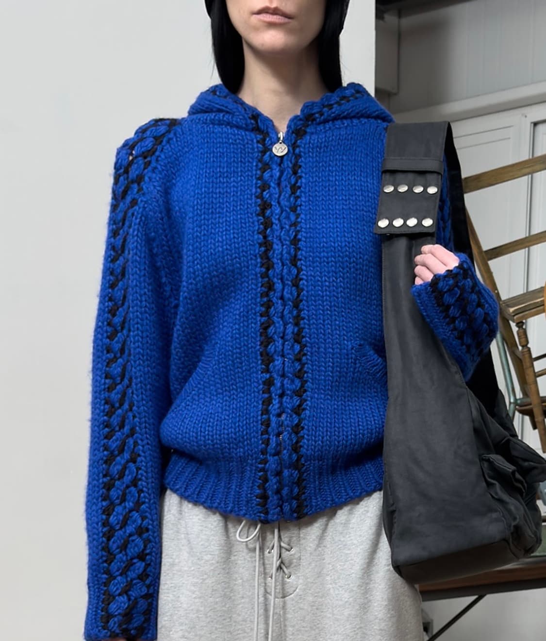 오픈와이와이 스티치 니트 후드 집업 상품이미지1