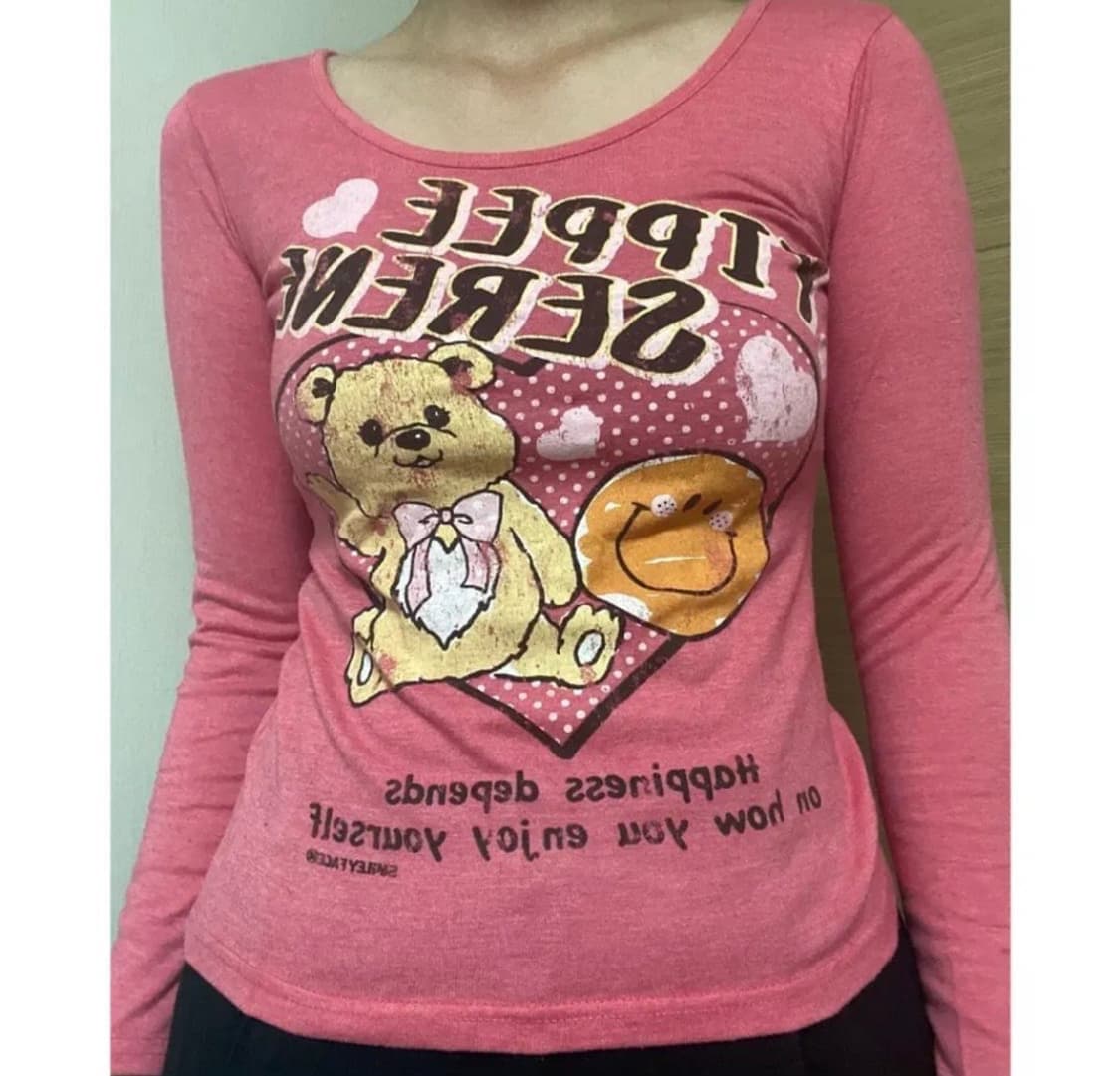 오네갸루 빈티지 핑크 곰돌이 긴팔티 딱붙핏 상품이미지1
