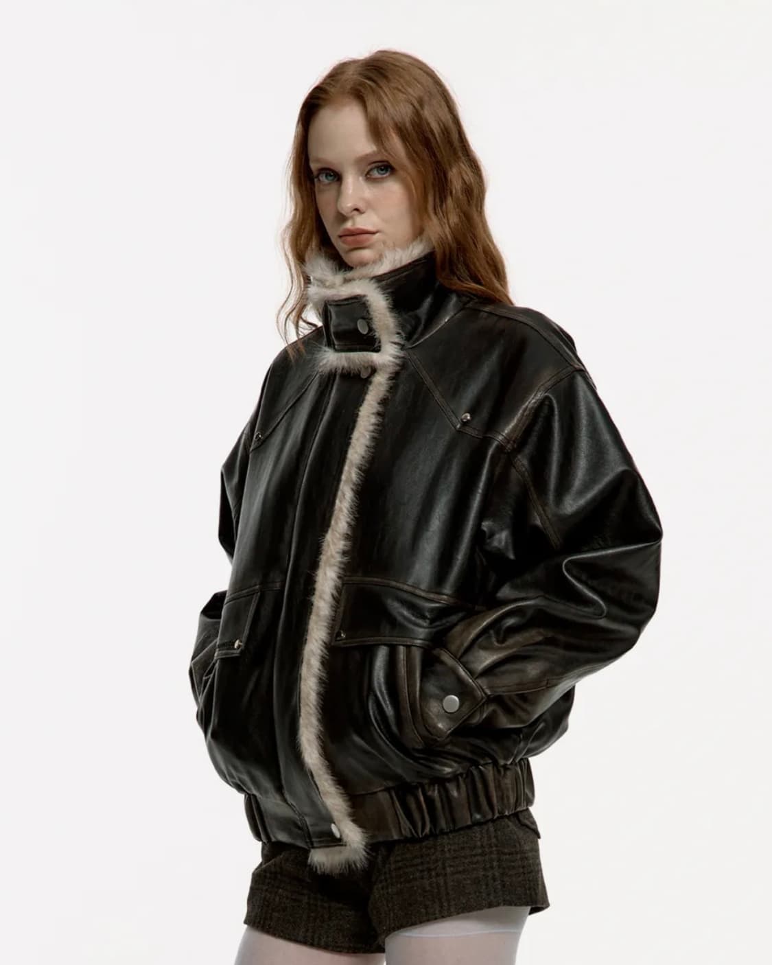 러프넥 워싱 레더 무스탕 자켓 S 상품이미지1