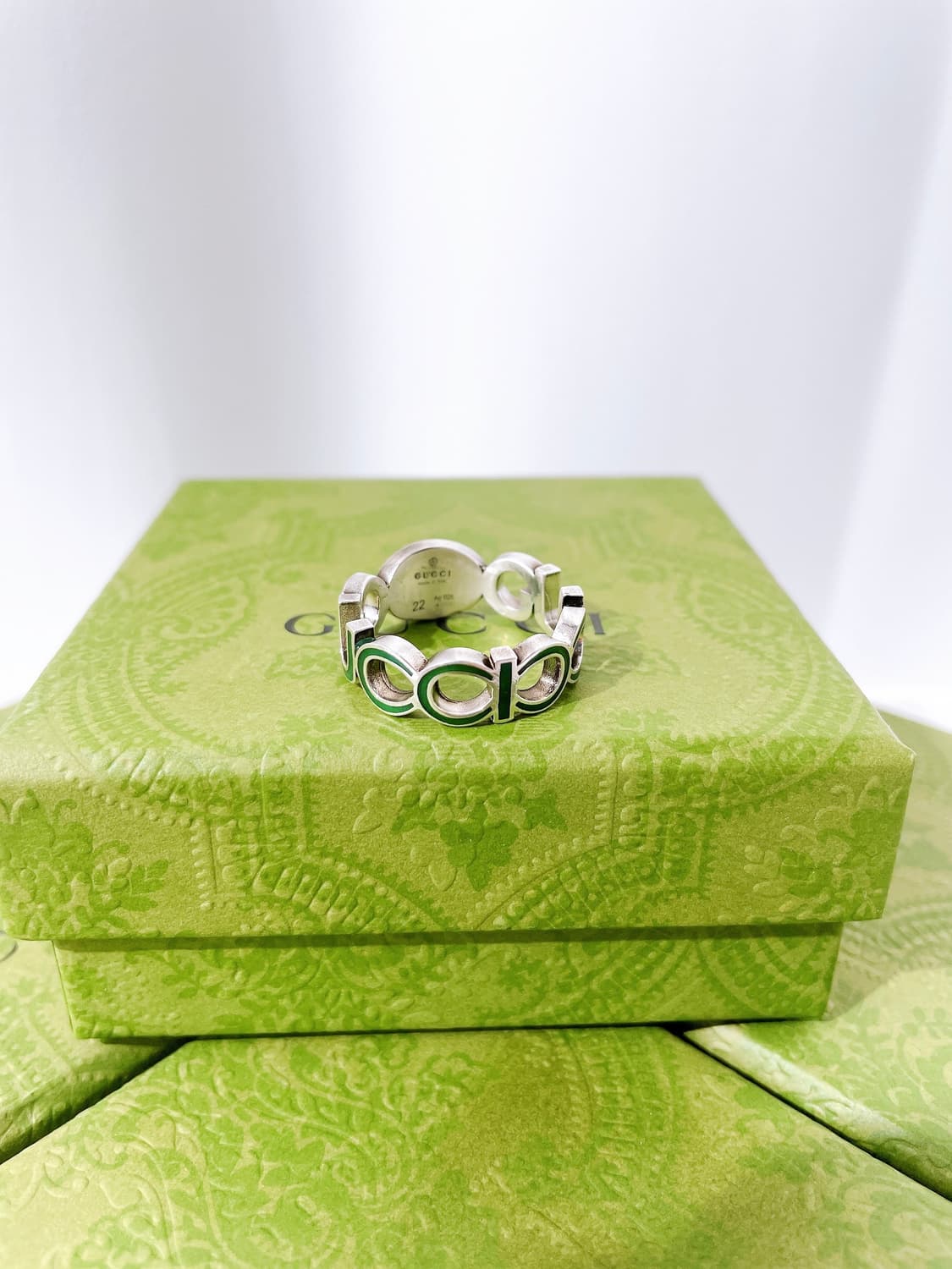 (정품/새상품) GUCCI 구찌 공용 인터로킹 G 에나멜 그린 링 반지 상품이미지3