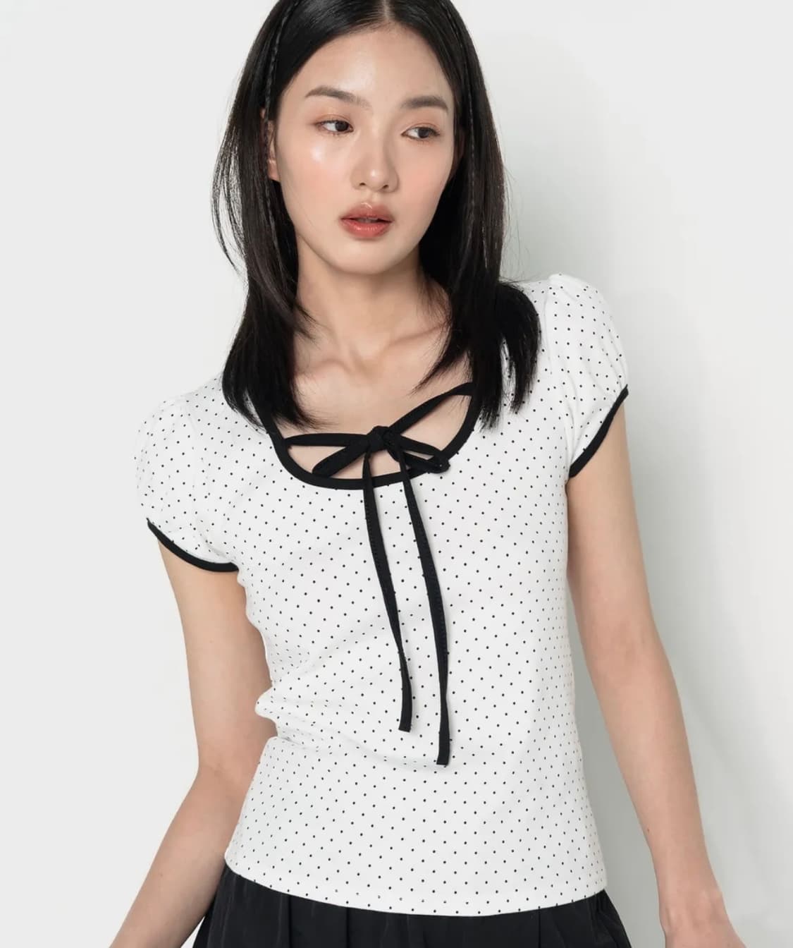 하이스쿨디스코 퍼프소매 도트 리본 숏슬리브 티셔츠 화이트 상품이미지1