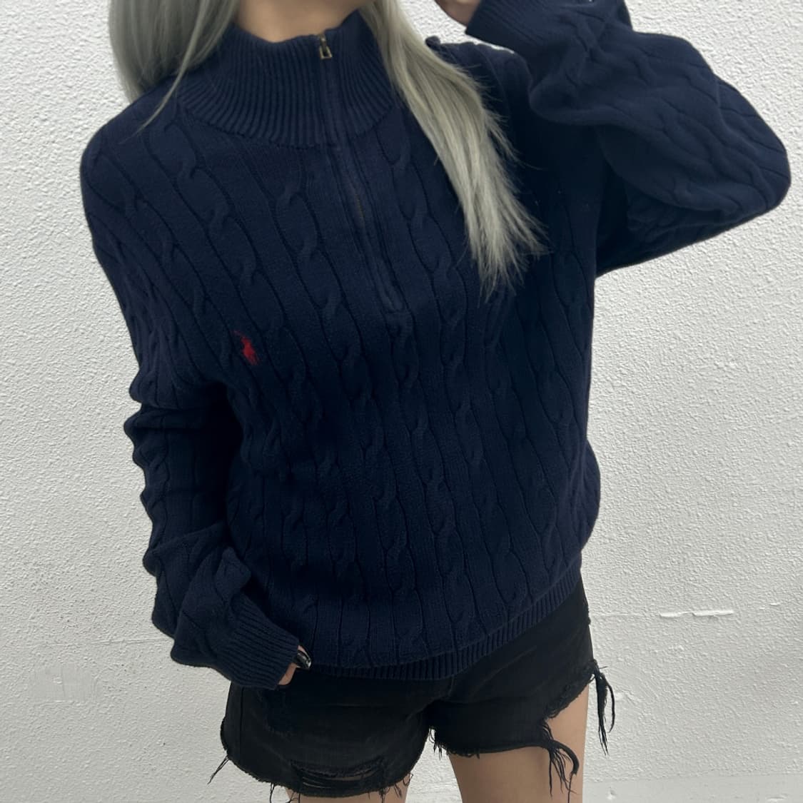 폴로 랄프로렌 레드포니 네이비 꽈배기 니트 반집업 L 상품이미지2