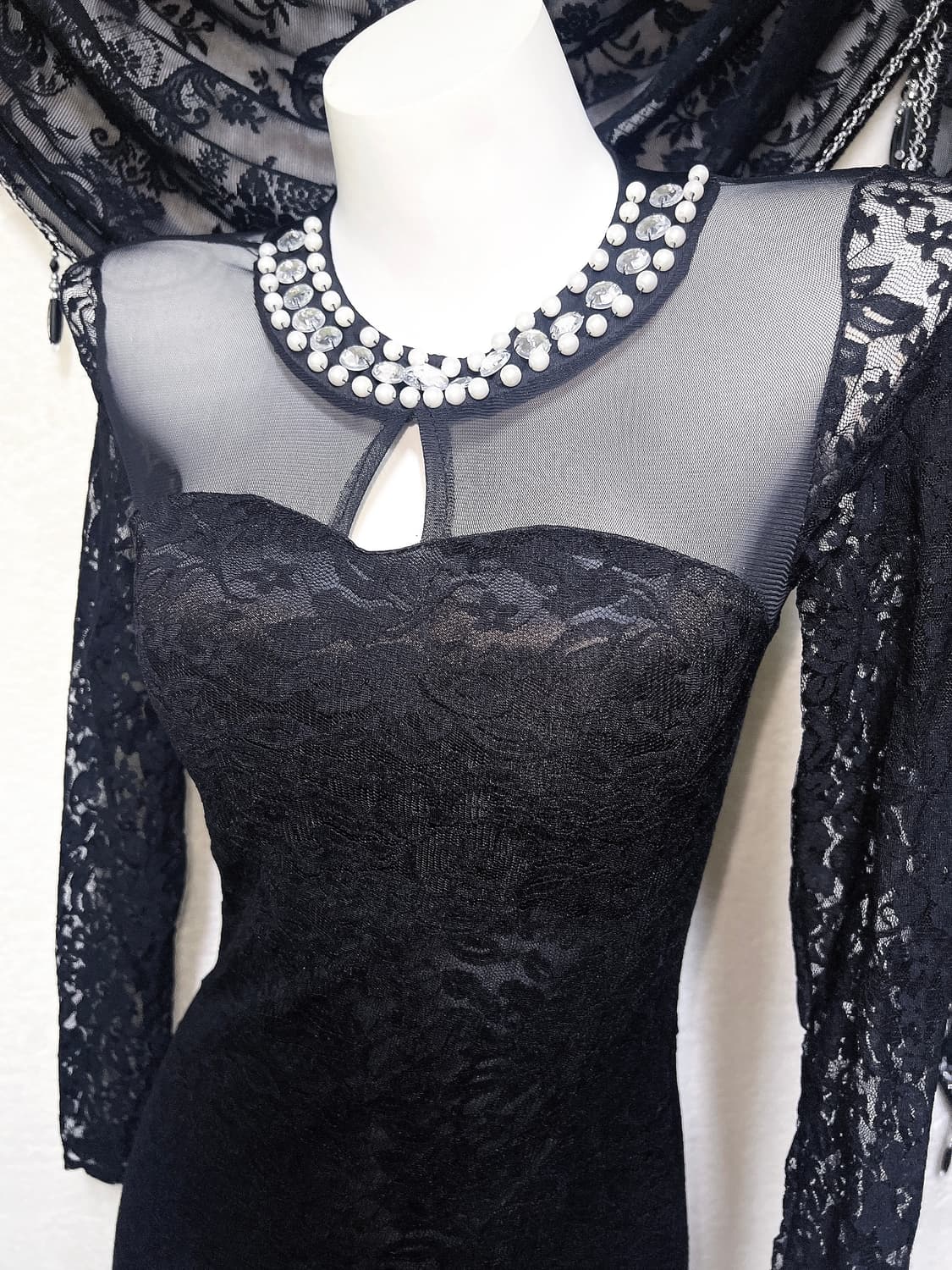 오네갸루 히메 진주 큐빅 블랙 레이스 시스루 망사 원피스 드레스 섹시 상품이미지5