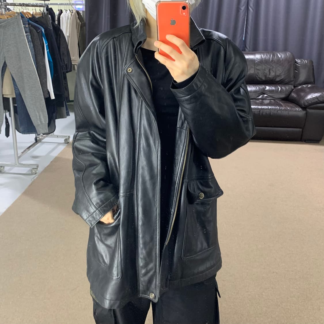 빈티지 블랙 루즈핏 양가죽 리얼레더 자켓 남성 L 남녀공용 하프코트 상품이미지2