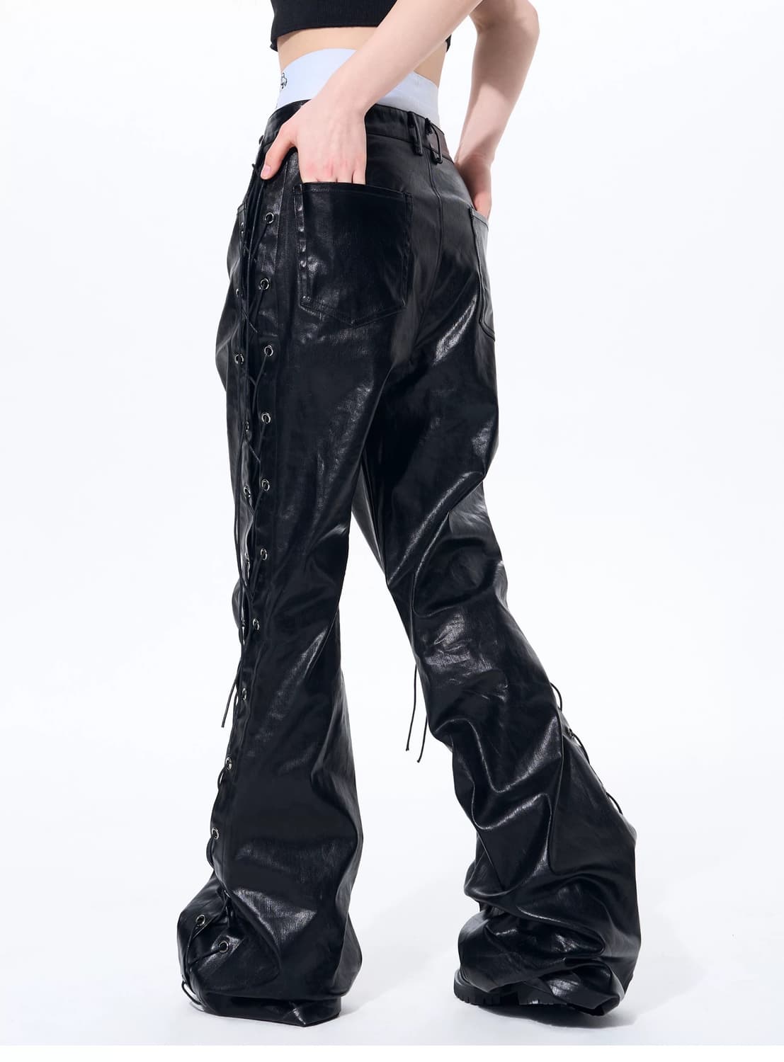 Metallic Coated Drawstring Flare Pants 상품이미지4