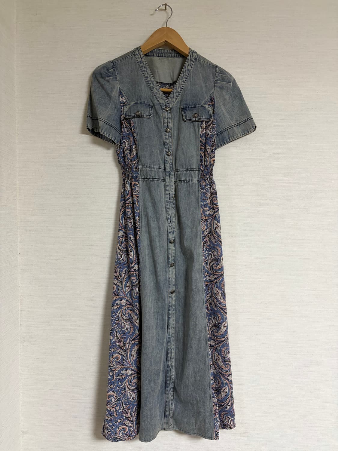 빈티지 페이즐리 패턴 배색 데님 롱 원피스 상품이미지1