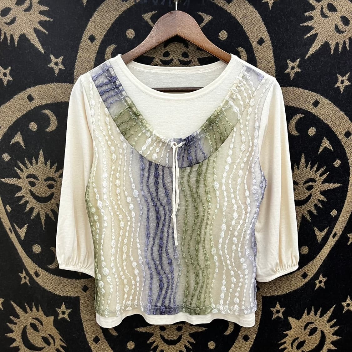 빈티지 모리 핀터걸 펀칭 오리엔탈 뜨개 레이스 7부 반팔티 K0067 상품이미지3