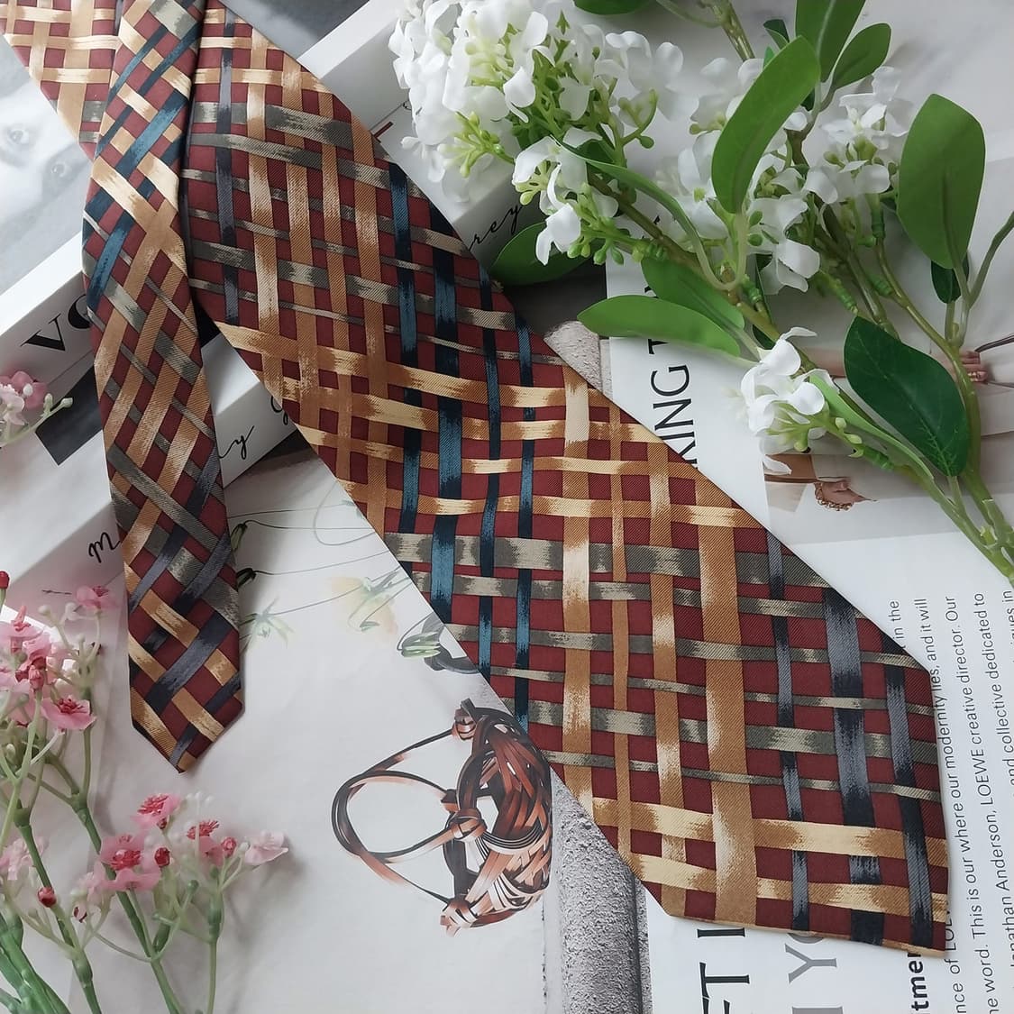 니나리치 실크 브라운 체크 패턴 넥타이 9.4cm A+등급 K2029 상품이미지3