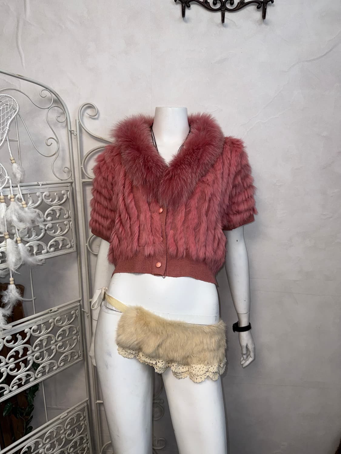Baby pink fox&rabbit fur crop half 가디건 상품이미지5