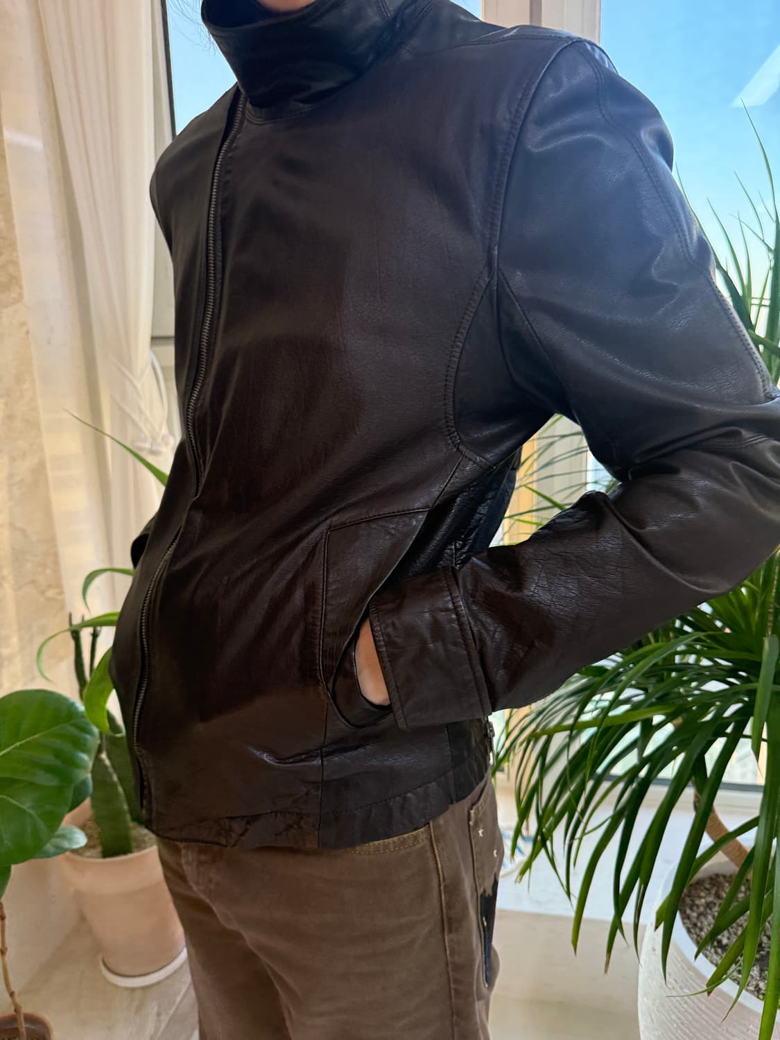 코데즈 컴바인 하이넥 카우하이드 사선 레더 자켓 상품이미지1