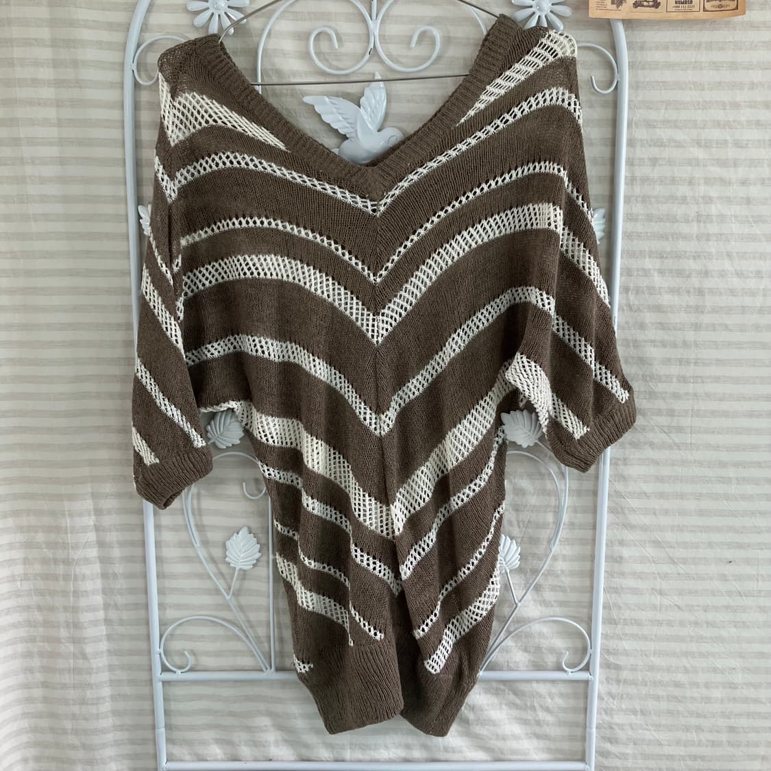 빈티지 초코 브라운 스트라이프 펄 오프숄더 니트 969 y2k 스트릿 갸 상품이미지1