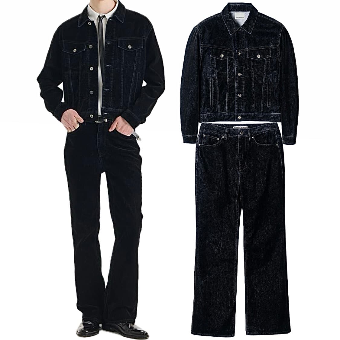 새상품/셋업) 커넥트킨록 벨벳 데님 크롭 워싱 트러커 청자켓 팬츠 세트 상품이미지3