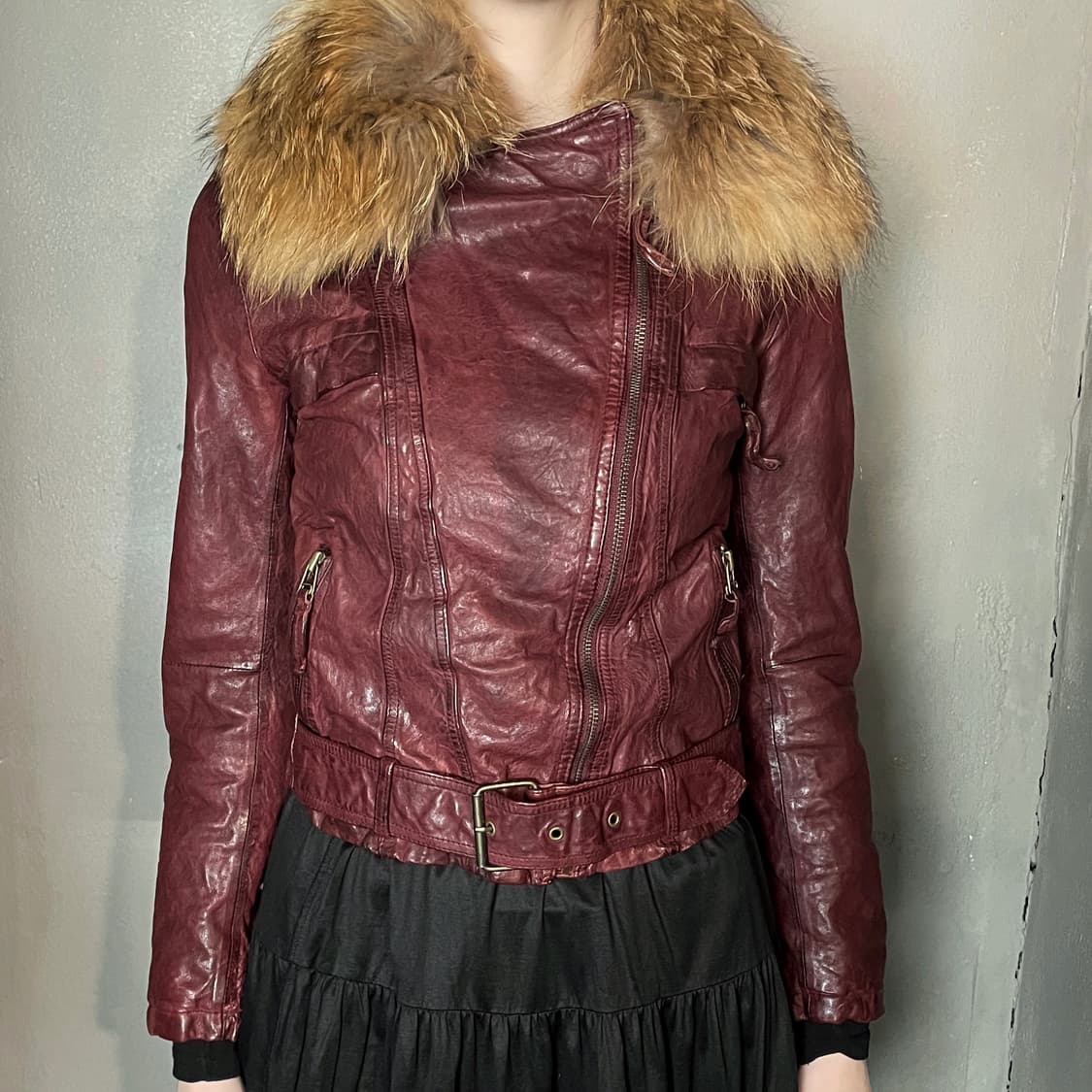 버건디 베지터블 레더 바이커 자켓 상품이미지3