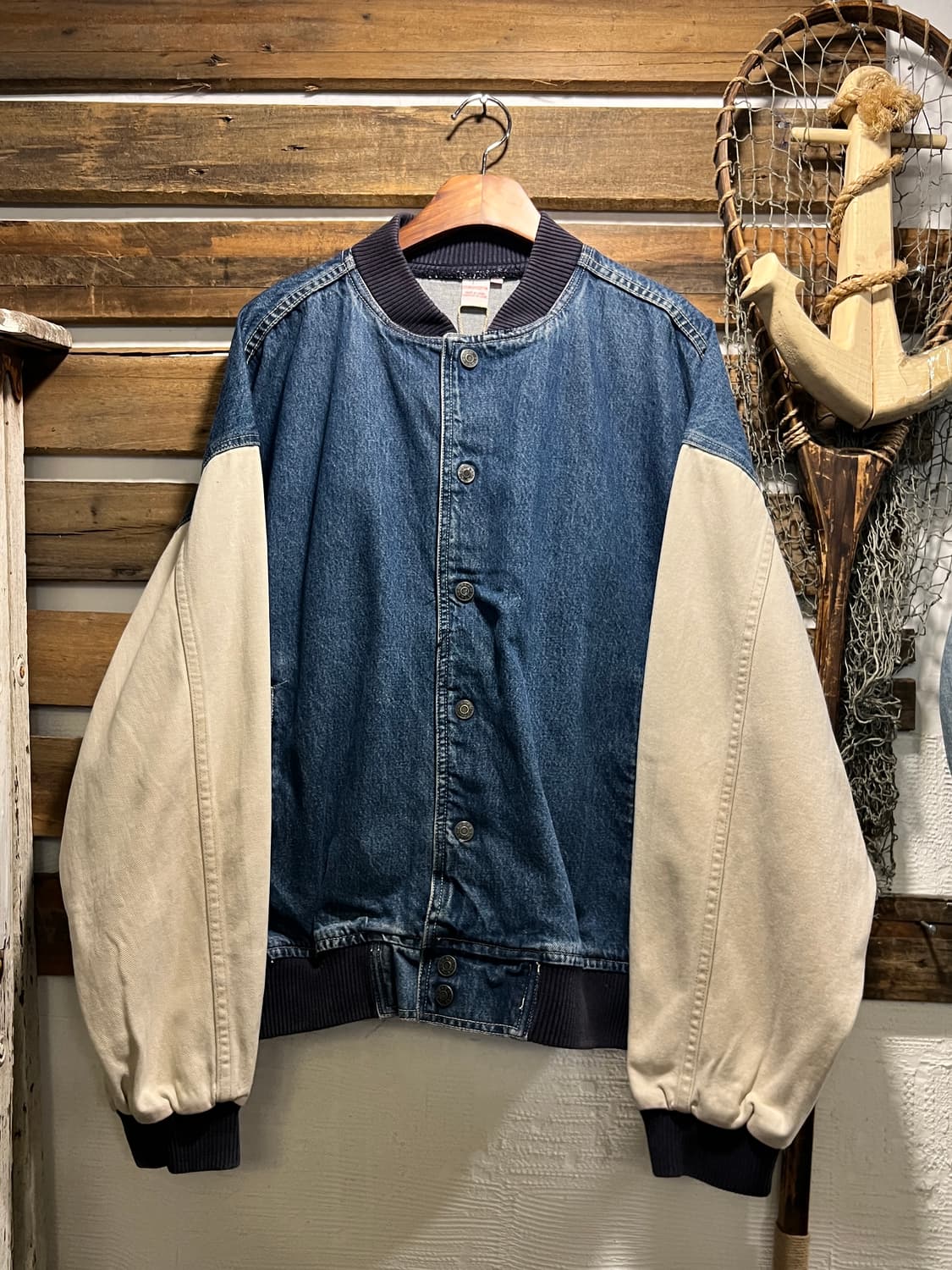 [2XL]90's USA 빈티지 데님 아이보리 바시티 자켓 상품이미지1