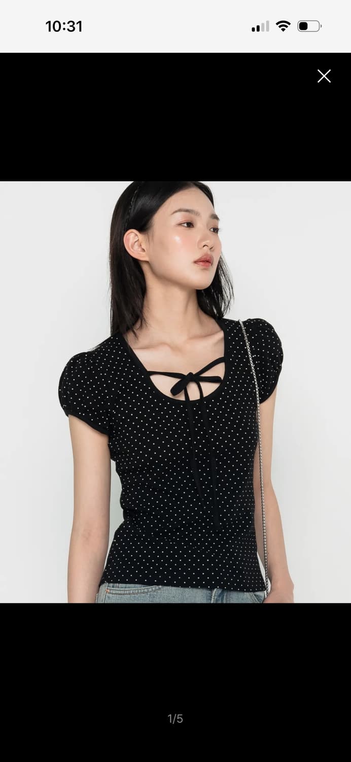 하이스쿨디스코 퍼프소매 도트 리본 숏슬리브 티셔츠 블랙 상품이미지3