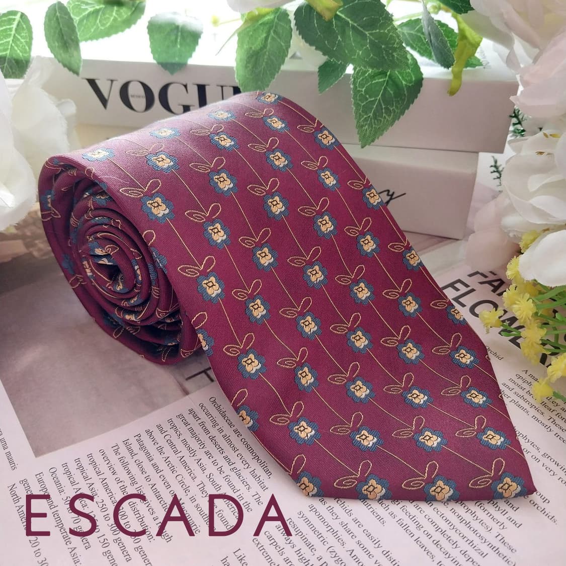 에스까다 실크 브라운 플라워 자카드 넥타이 8.9cm A+등급 K1313 상품이미지1