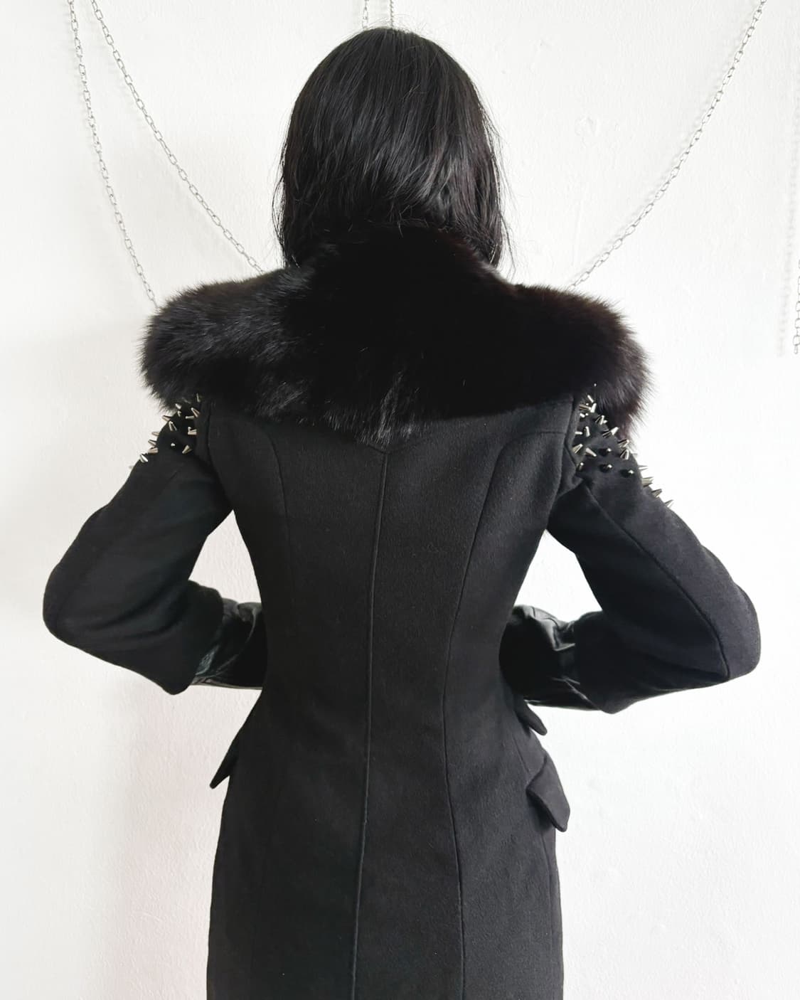 rare* 필립플레인 폭스퍼 칼라 레더슬리브 스터드 롱코트 상품이미지2