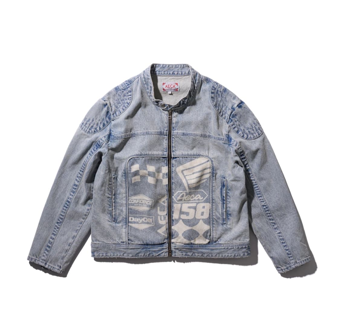 새상품(L)에이카화이트 데님 프린팅 바이커 자켓 라이트블루 상품이미지4