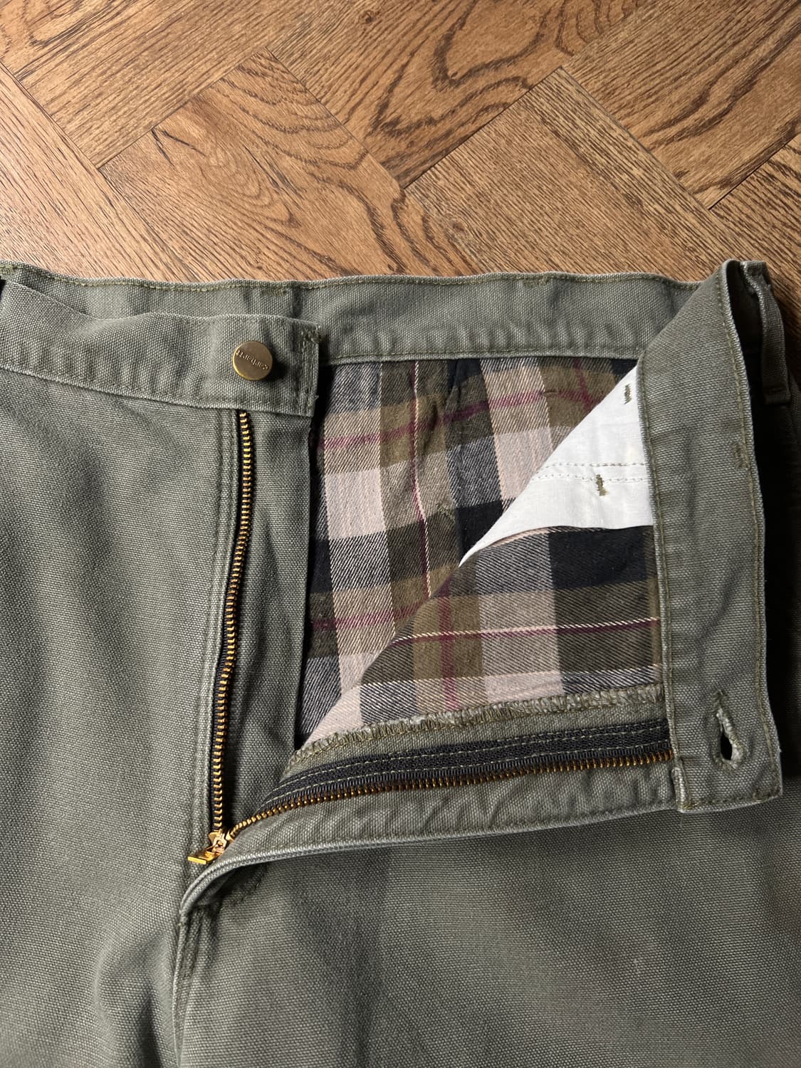 [38]칼하트 USA 체크 라이닝 모스그린 싱글니 카펜터 워크 팬츠 상품이미지3