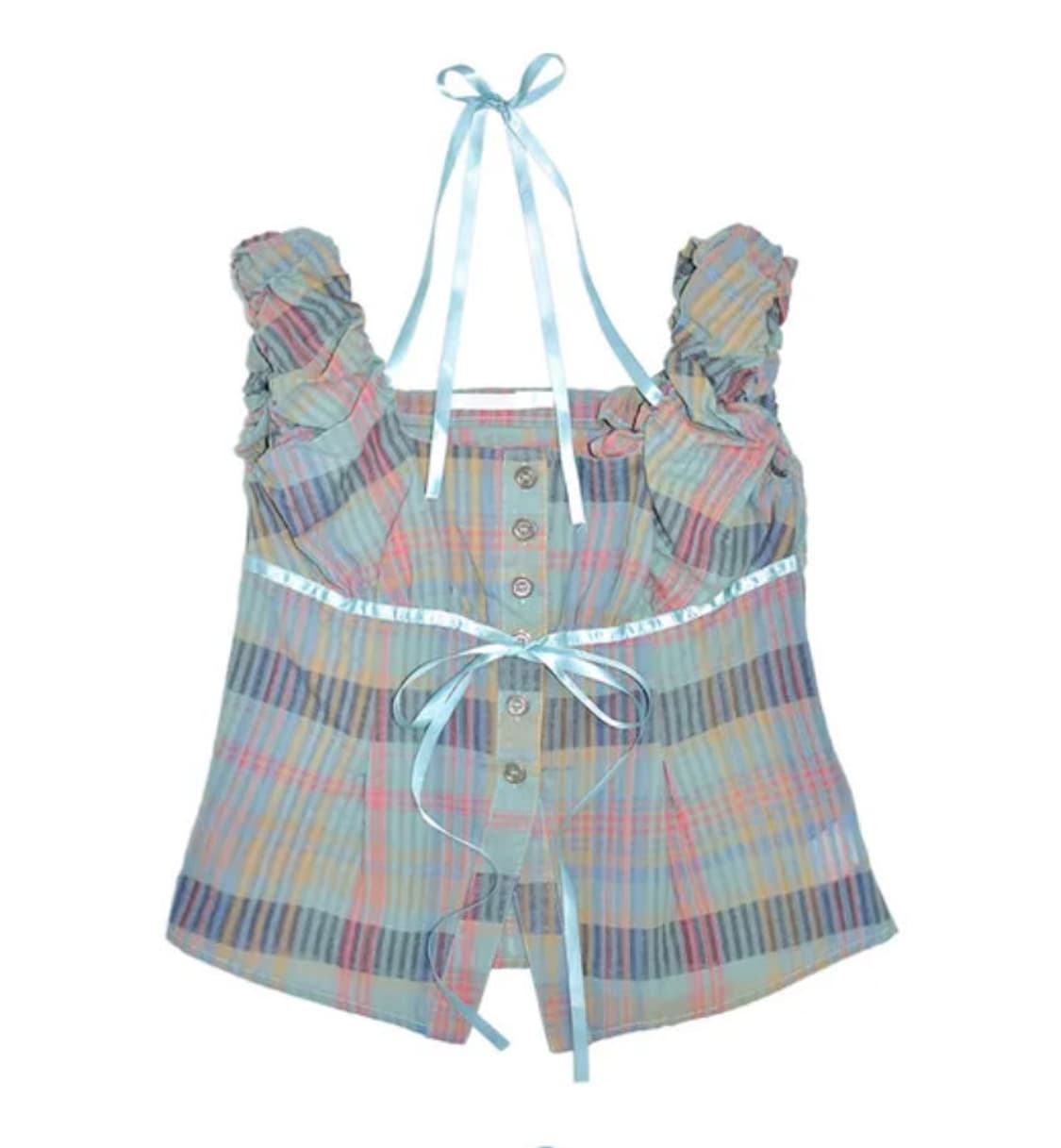 아쿠비클럽 빈티지 체크 리본 블라우스 상품이미지1