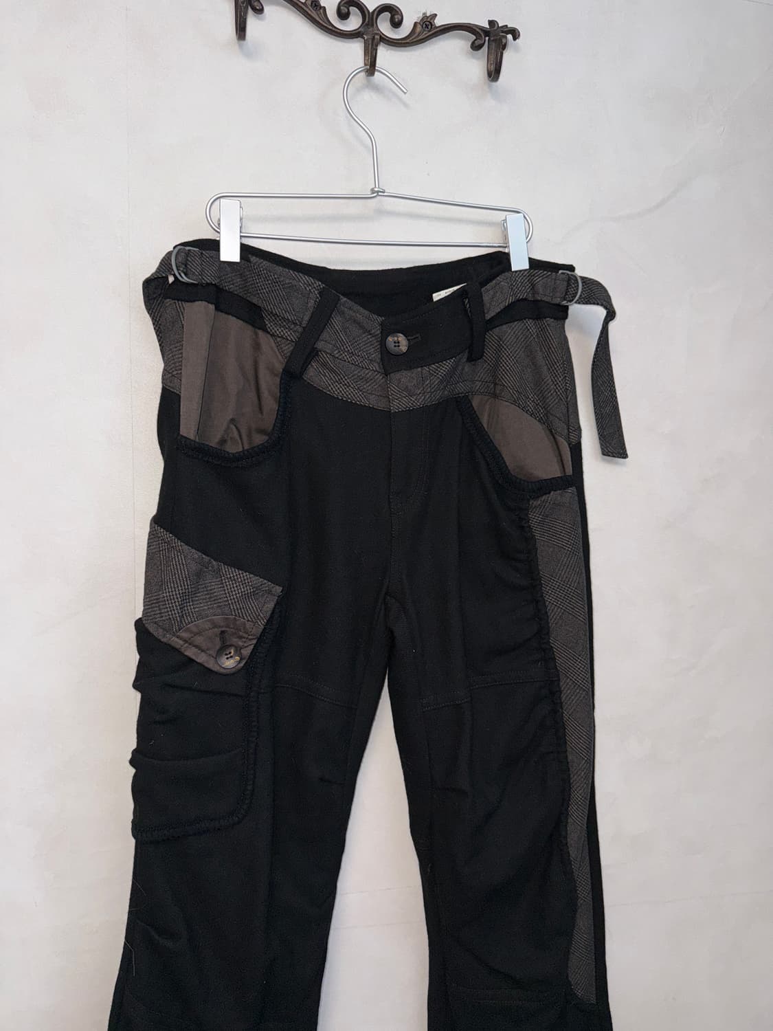 Black wool check shirring cargo pants 상품이미지2