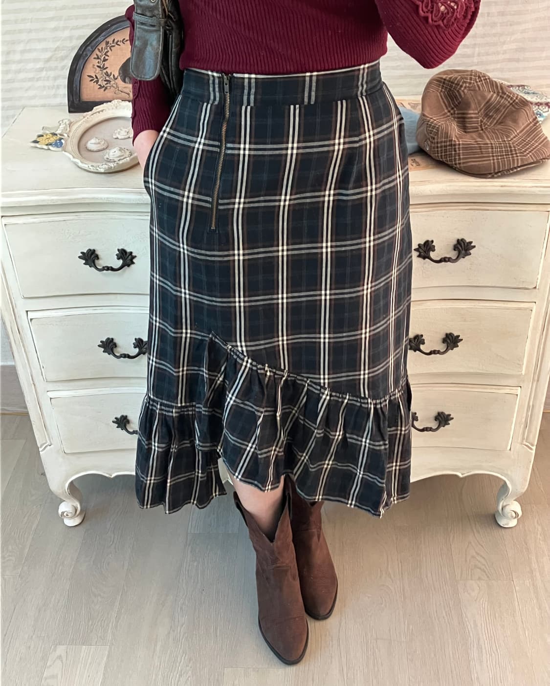 jpn vintage 딥그린 체크 프릴 롱 스커트 y2k 스트릿 갸루 펑 상품이미지4