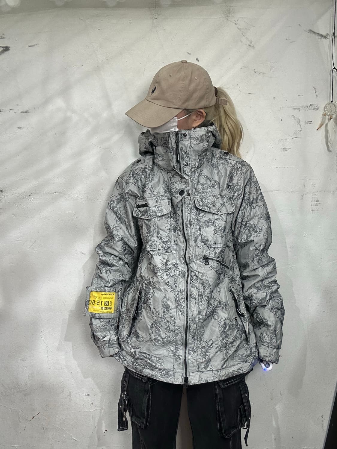 키스마크 일본 빈티지 그레이 패턴 오버핏 후드 바람막이 올드스쿨 점퍼 M 상품이미지2