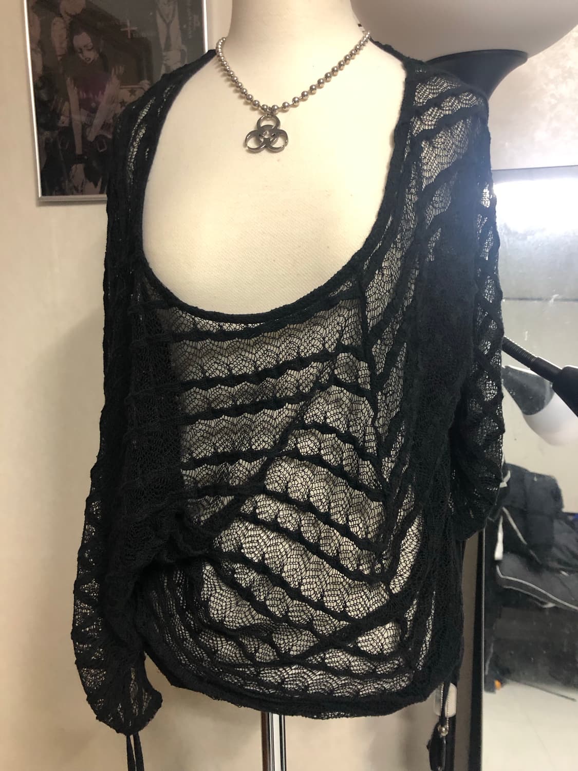 그런지 펑크스타일 레이어드 블랙 레이스 시스루 니트 상품이미지1