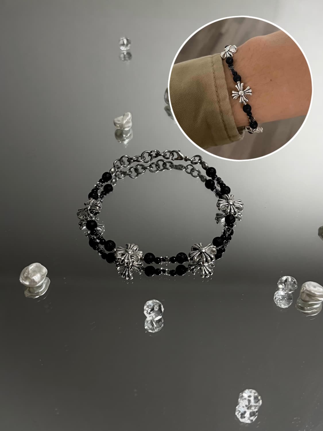 크롬 포인트 써지컬 비즈 팔찌 블랙실버 상품이미지2