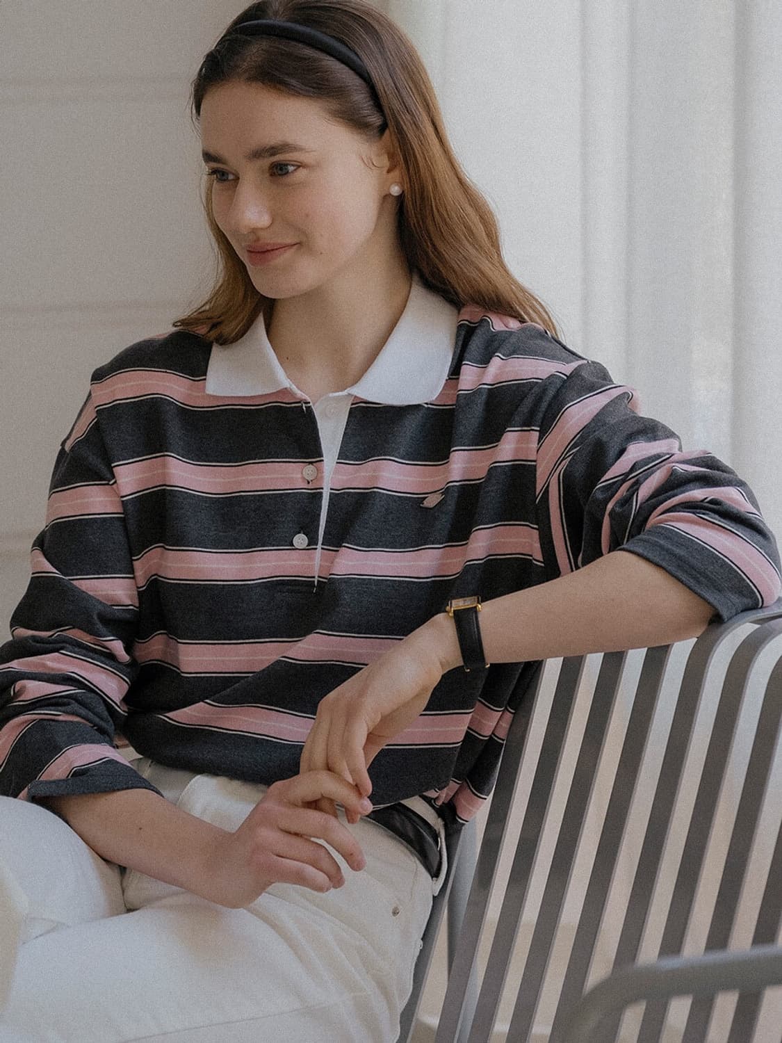 틸아이다이 스트라이프 챠콜 핑크 카라 럭비티 롱 슬리브 긴팔 티셔츠 M 상품이미지2