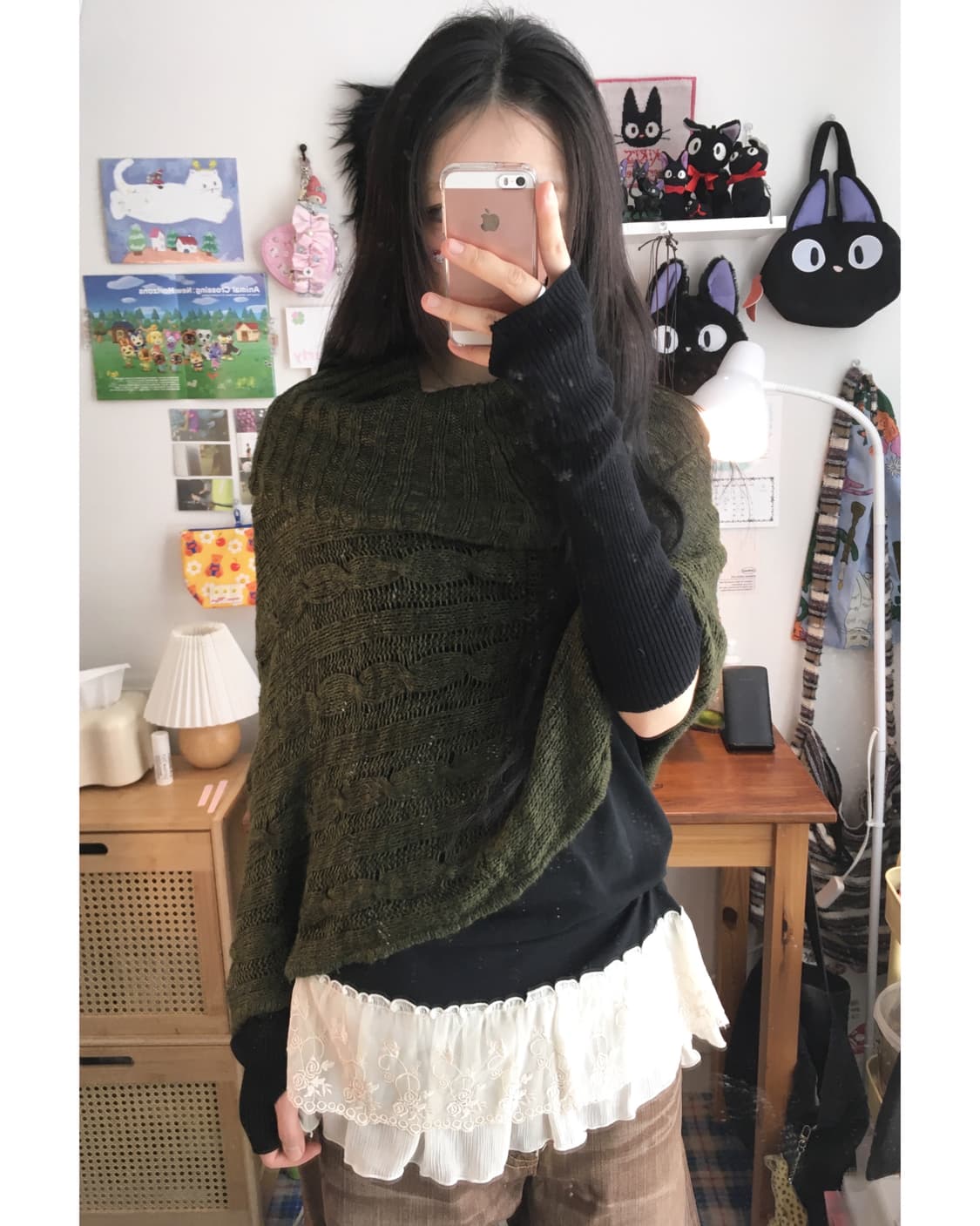 vintage cable knit turtleneck cape khaki 상품이미지2