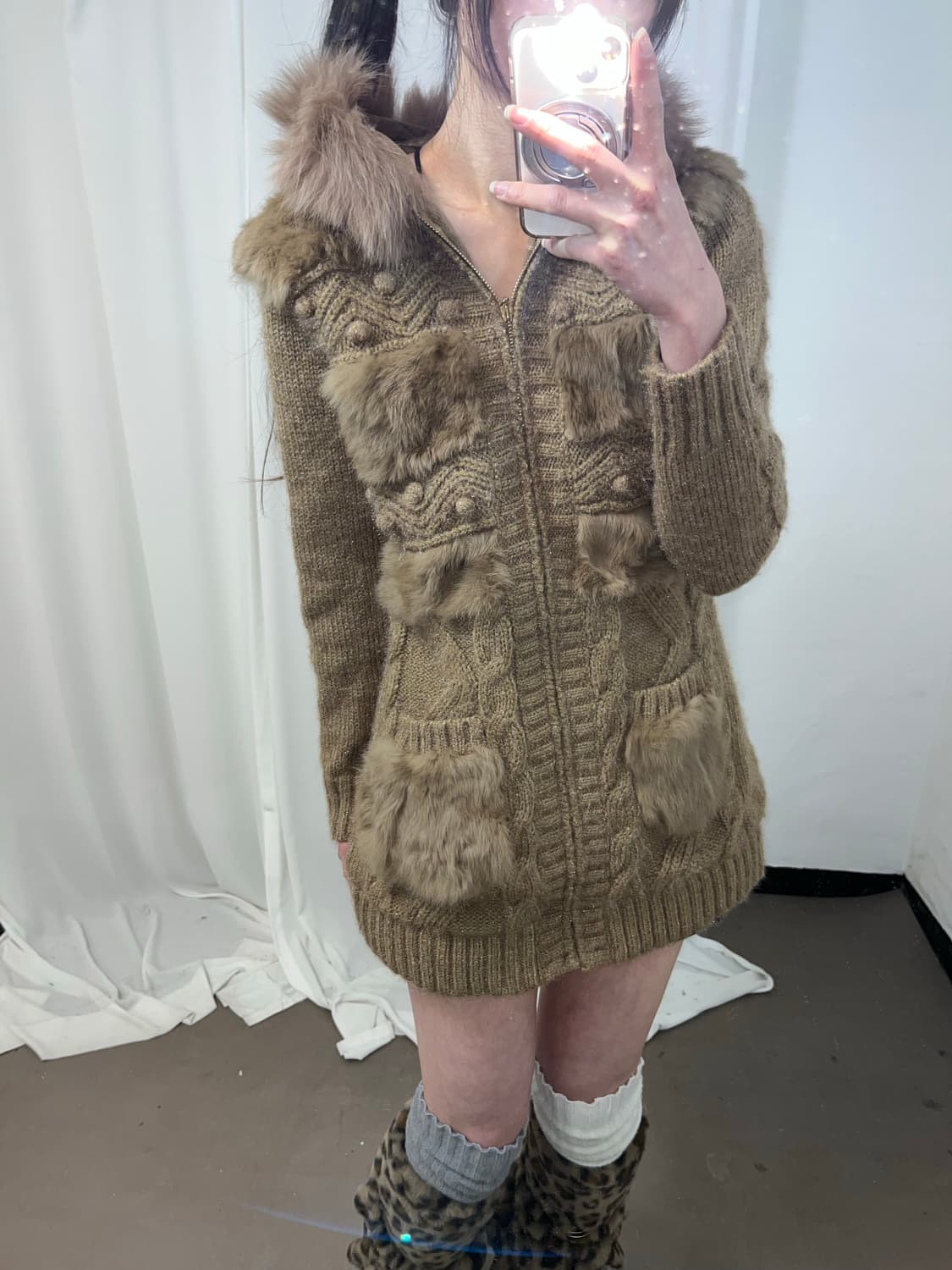 베이지 래빗퍼 트리밍 울프죠 니트 후드집업 상품이미지5