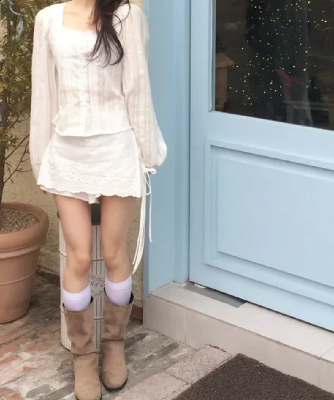 셔링 화이트 보헤미안 블라우스 셋업 상품이미지4