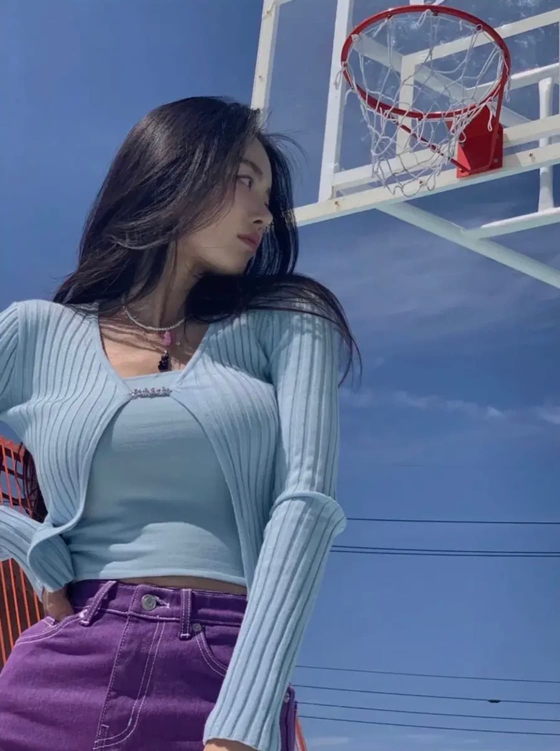 페일제이드 펜던트 니트 골지 가디건 베이비블루/핑크 쓰리타임즈포어링갸루 상품이미지5