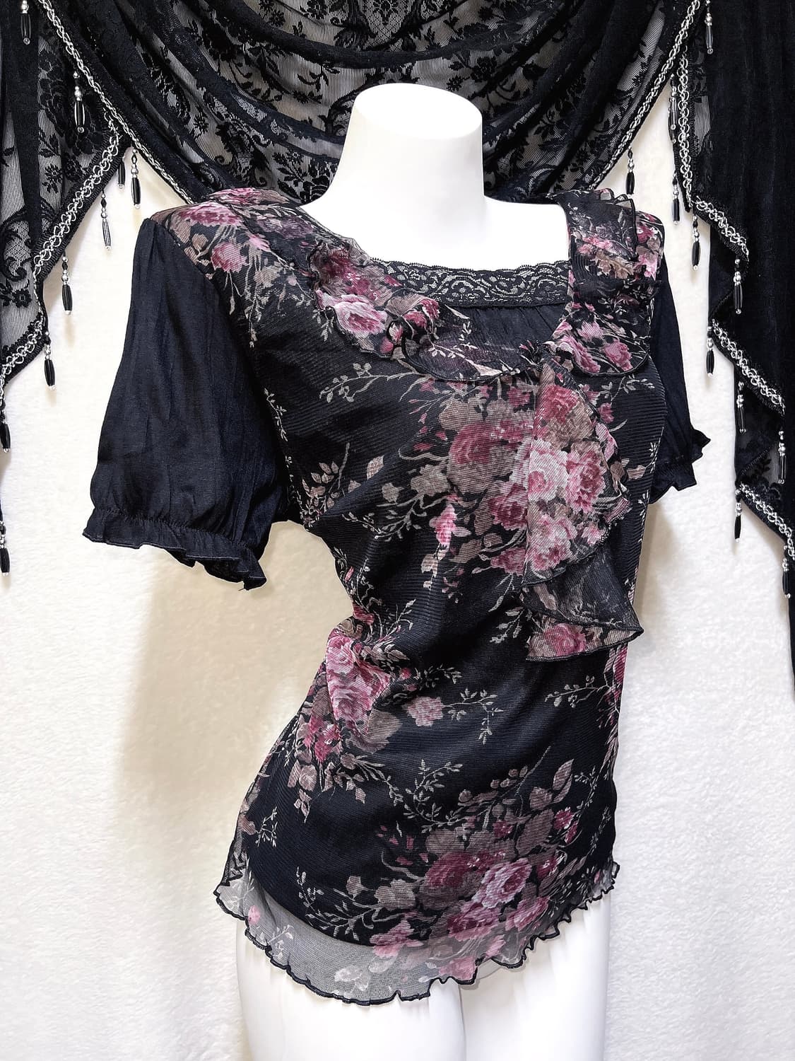 로맨틱고딕 오리엔탈 다크페어리 플라워 레이스 반팔탑 히메카지 갸루 핀터 상품이미지3