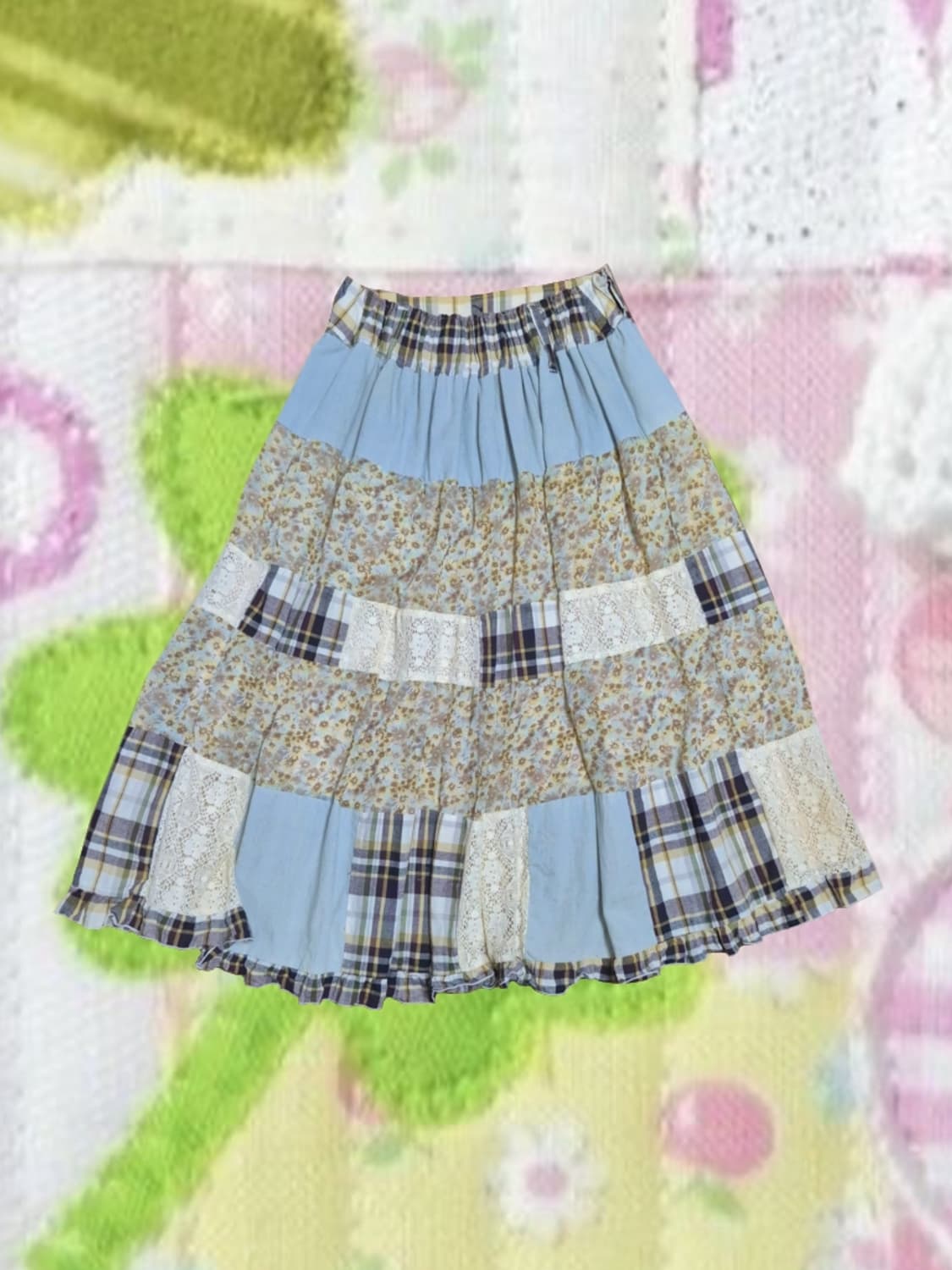 일본 빈티지 모리걸 패치워크 스커트 원피스  레이스 체크 코코모리 상품이미지2