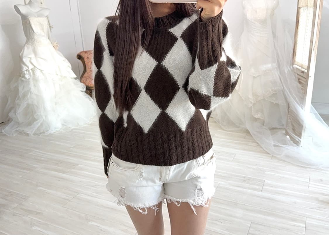 Brown diamond pattern wool knit 상품이미지4