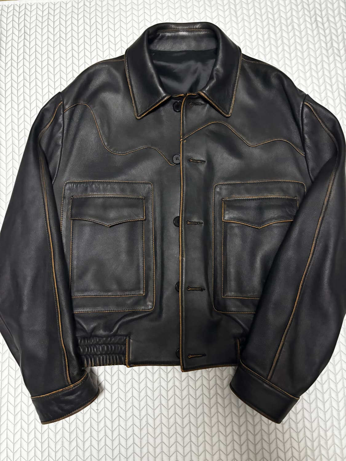 stu 커브드 레더자켓 블랙 상품이미지3