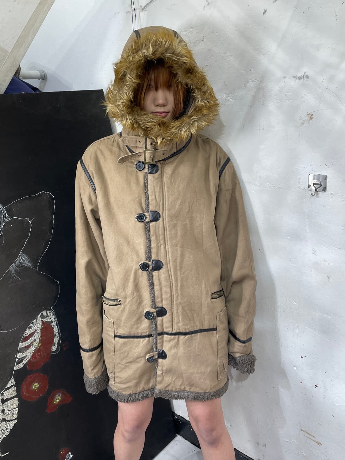 일본빈티지 밀리터리 울프죠 모카 베이지 퍼 후드 자켓 개파카 야상 L 상품이미지3